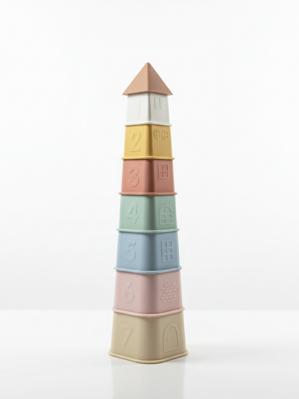 8-piece pastel silicone square stacking cups with numbers, nature illustrations, and water drain holes.
