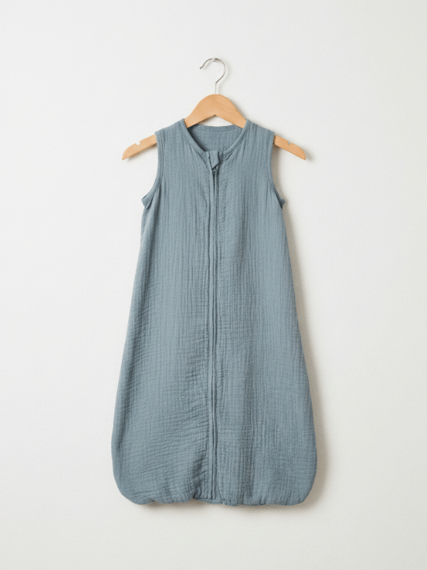 Blue lightweight baby sleep sack with a zipper.