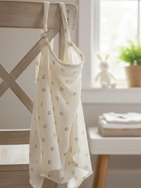 Off-white floral muslin nursing cover with rigid bowed neckline.