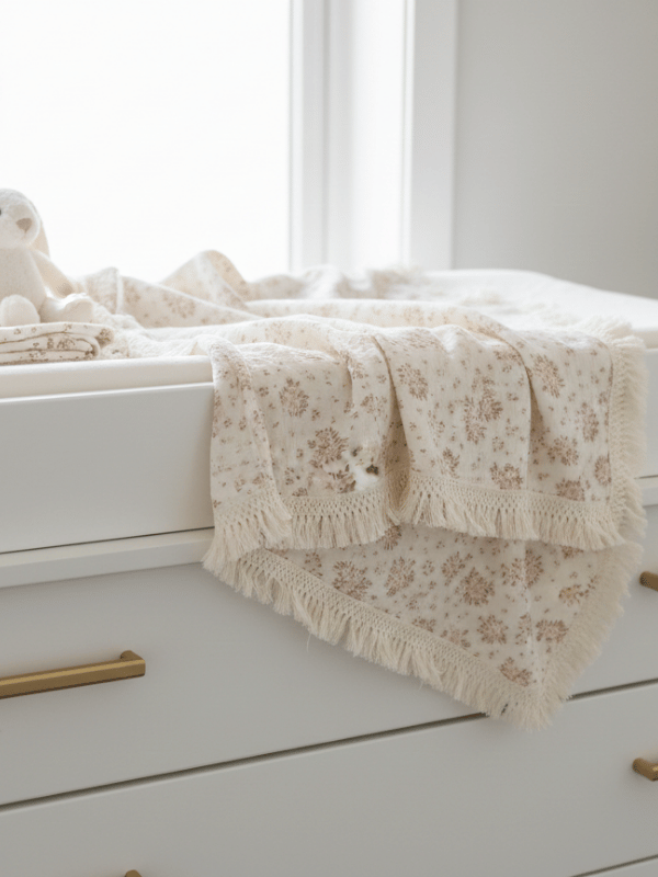 Cream swaddle blanket with pink floral print and a decorative tassel border trim.